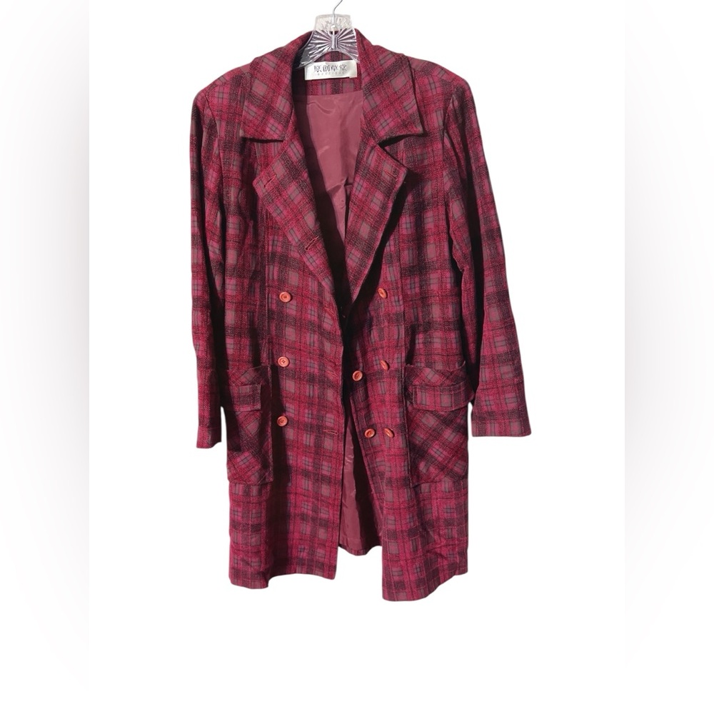 Burgundy Plaid Chenille Mix Double Breasted Coat Size S Dark Academia He… - Picture 2 of 9